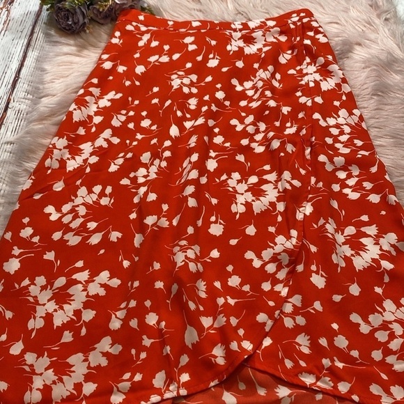 NWOT J. Crew Factory Poppy Red Orange Floral Faux Wrap High Low Midi Skirt - Picture 7 of 12